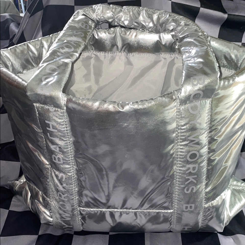 Bath & Body Works Silver puffy Tote Bag 19 x14